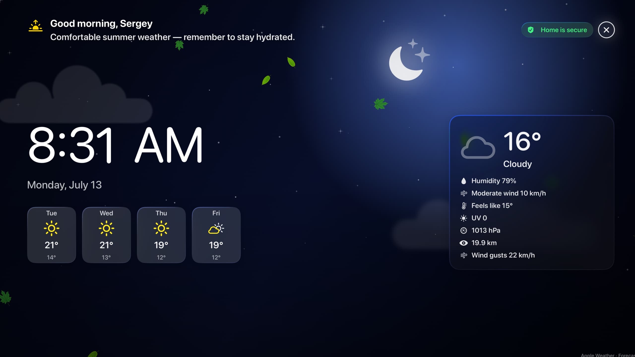 HomeDeck Ambient-Modus mit Uhrzeit, Wettervorhersage und Sicherheitsstatus