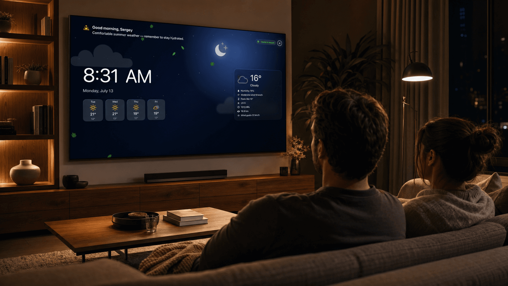 Ein Paar entspannt im warmen Wohnzimmer, während HomeDeck Ambient auf dem Fernseher läuft