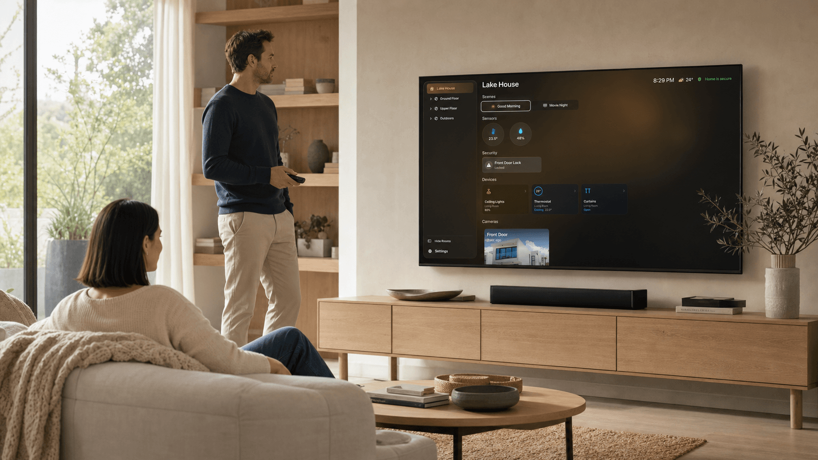 HomeDeck-Dashboard auf einem Fernseher in einem hellen Wohnzimmer mit zwei Personen