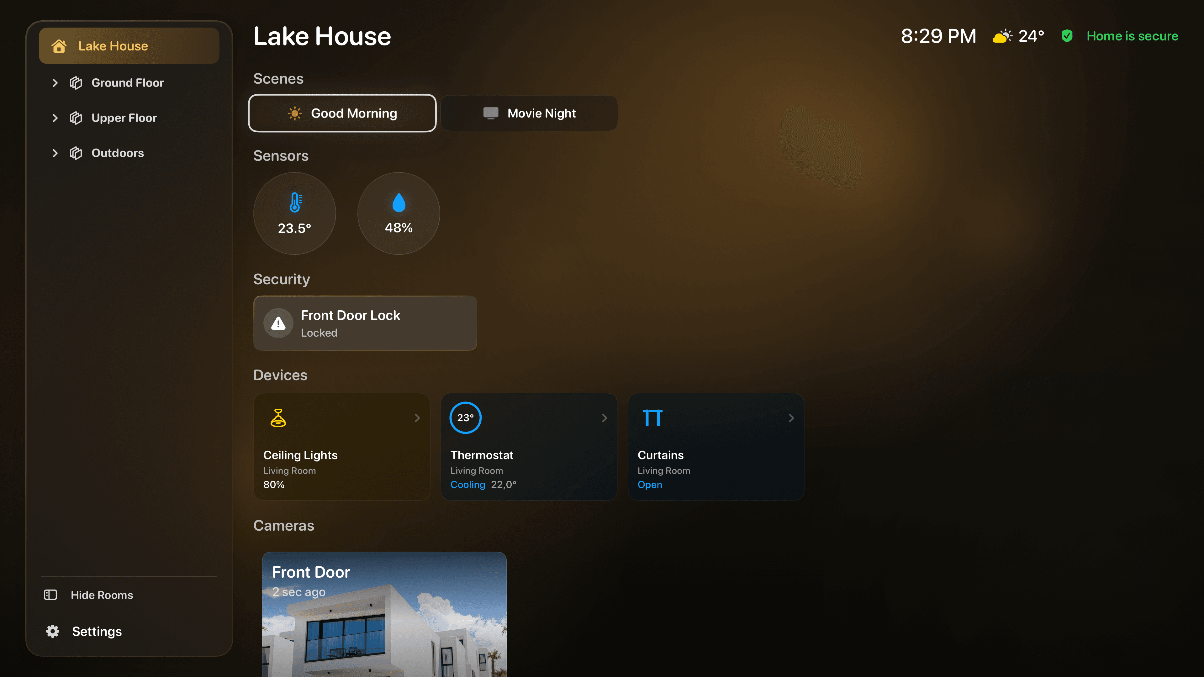 HomeDeck-Dashboard mit bevorzugten Szenen, Sensoren, Sicherheit, Geräten und Kamera