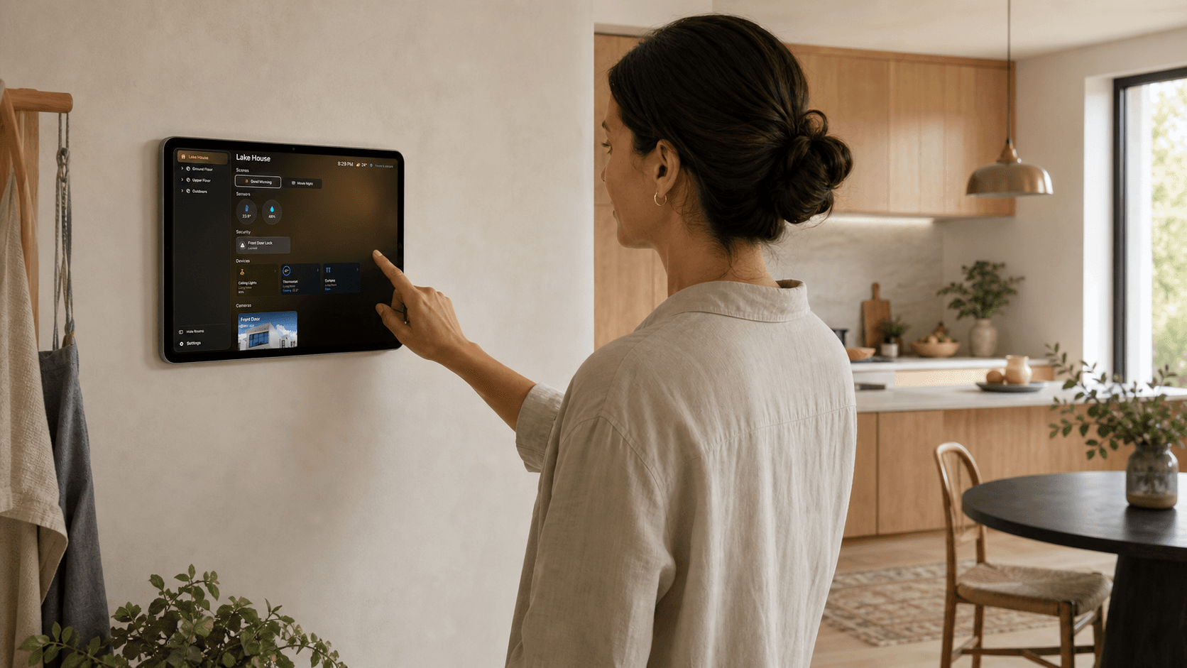 Ein iPad mit HomeDeck an der Wand einer hellen Küche und eines Eingangsbereichs