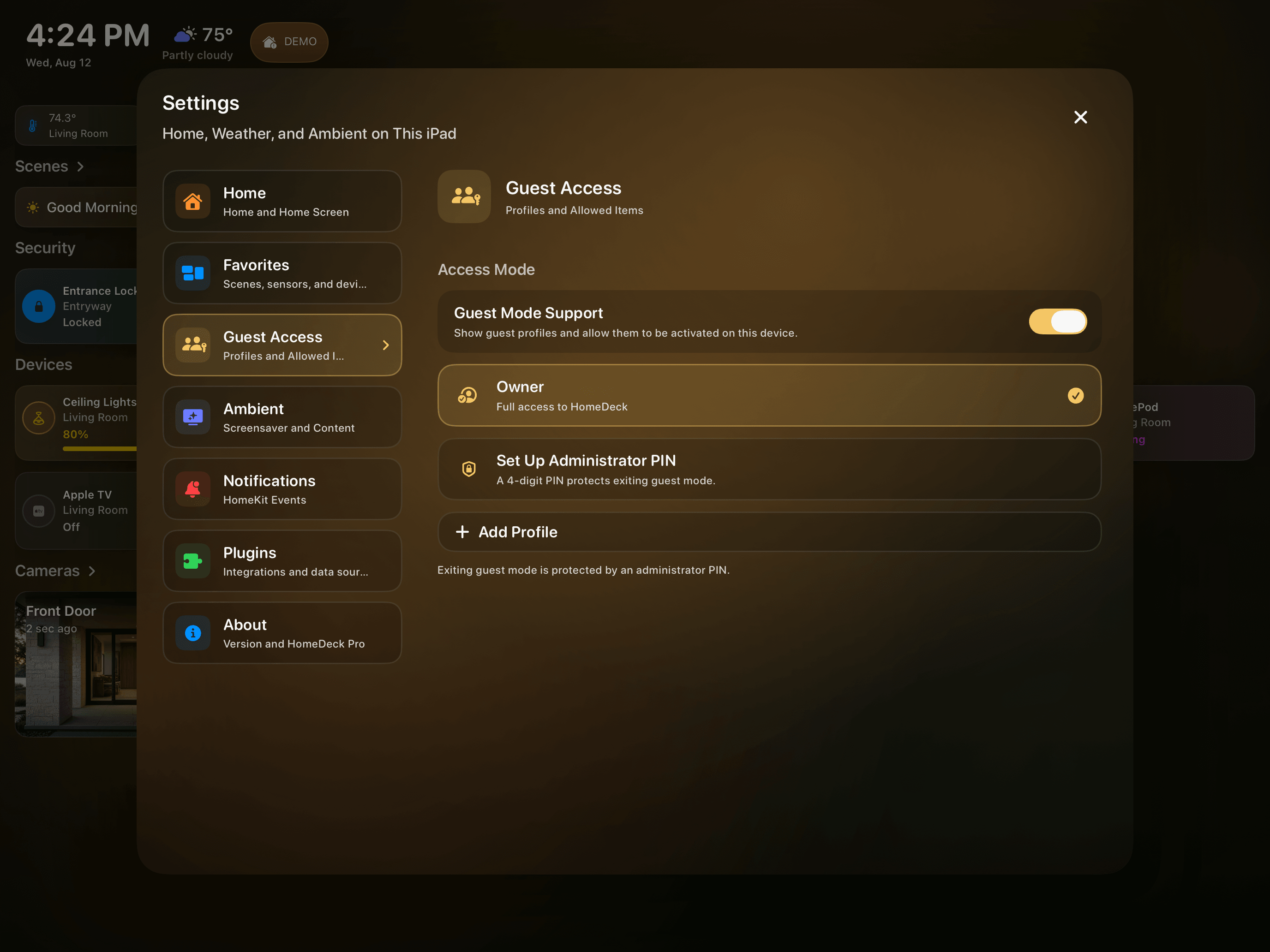 HomeDeck Guest Access settings on iPad with owner mode and administrator PIN protection