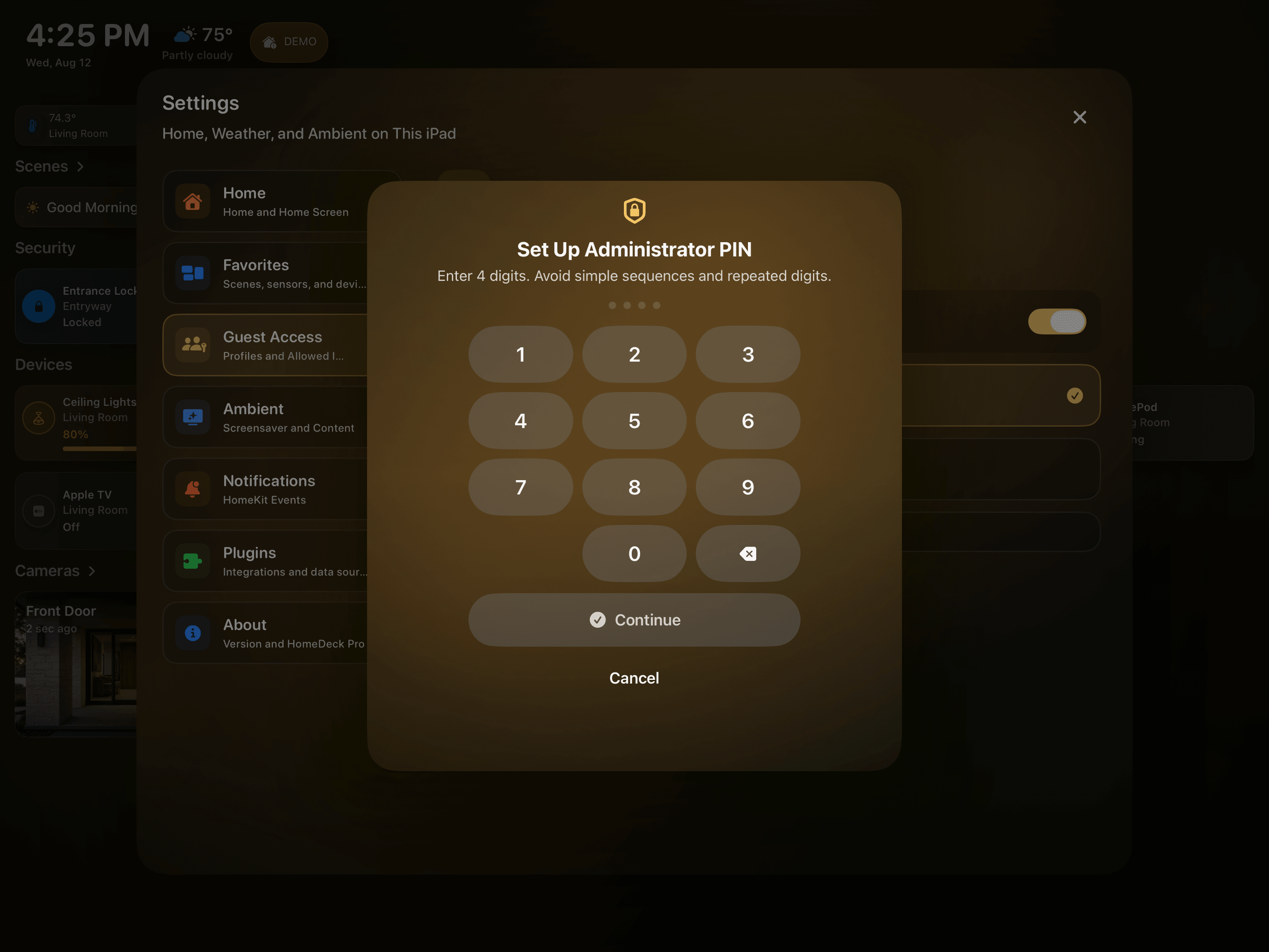 The real English administrator PIN screen in HomeDeck on iPad
