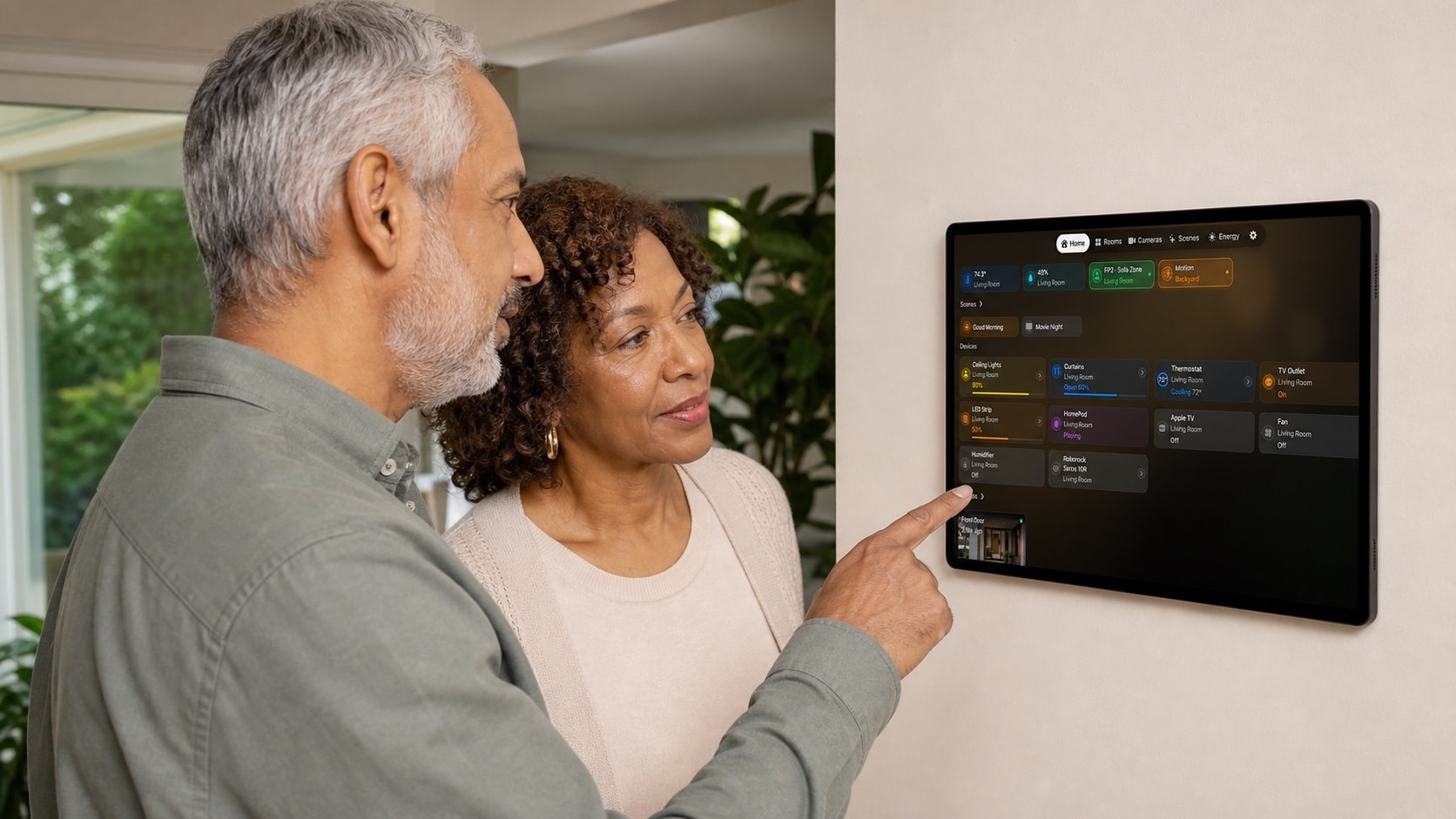 An older couple reviewing the real shared HomeDeck screen together