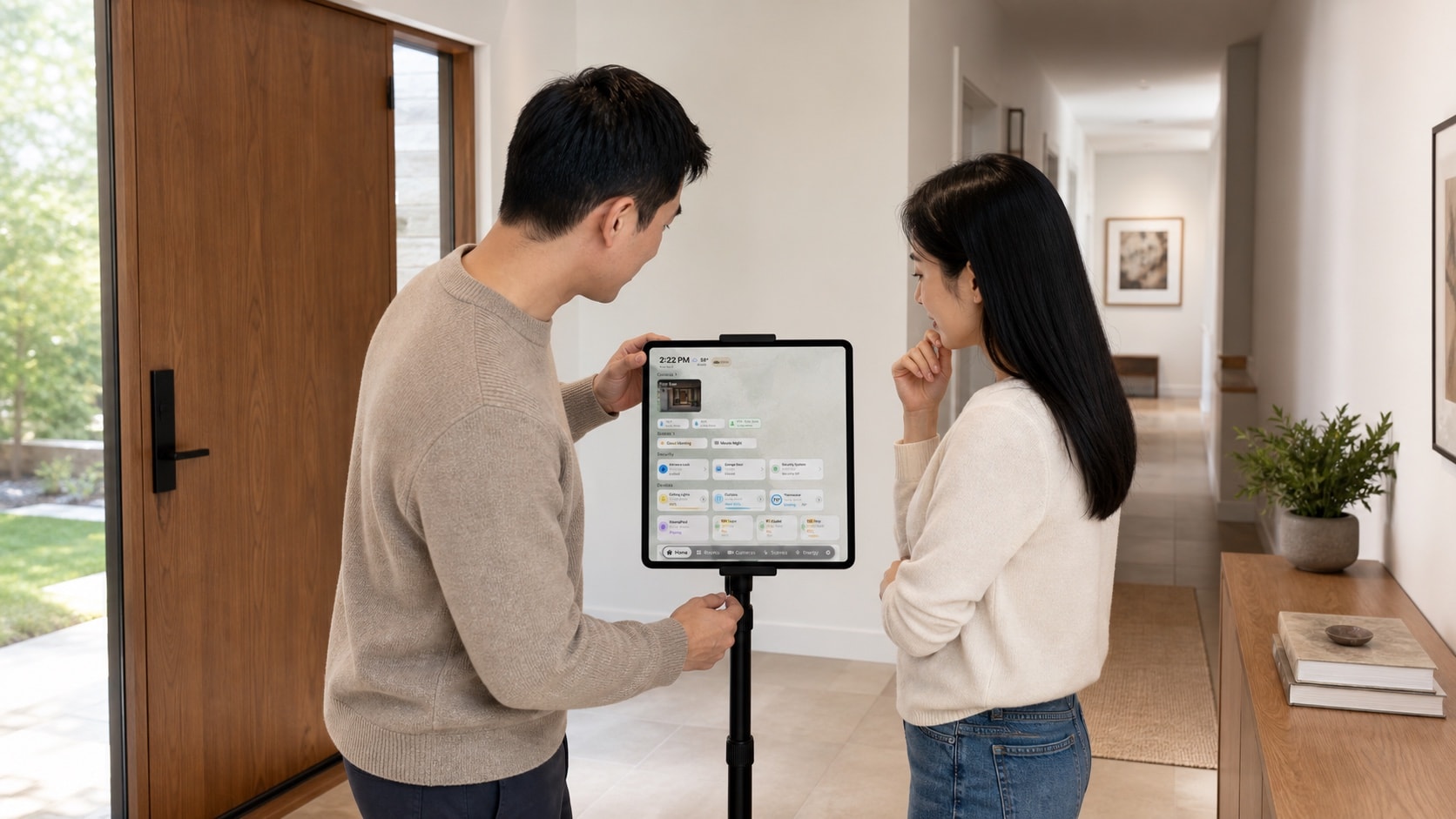 An East Asian couple checking whether a shared HomeDeck screen is visible from the entrance