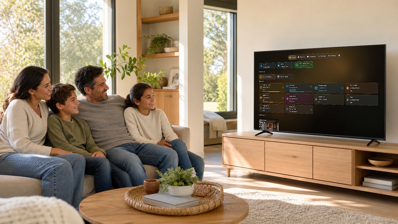 HomeDeck dashboard displayed on a television in a bright living room with two people