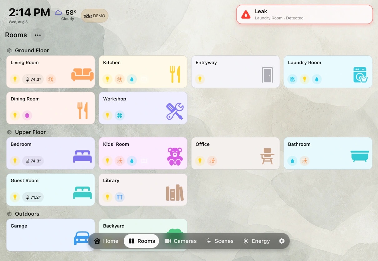 The real HomeDeck rooms screen on iPad