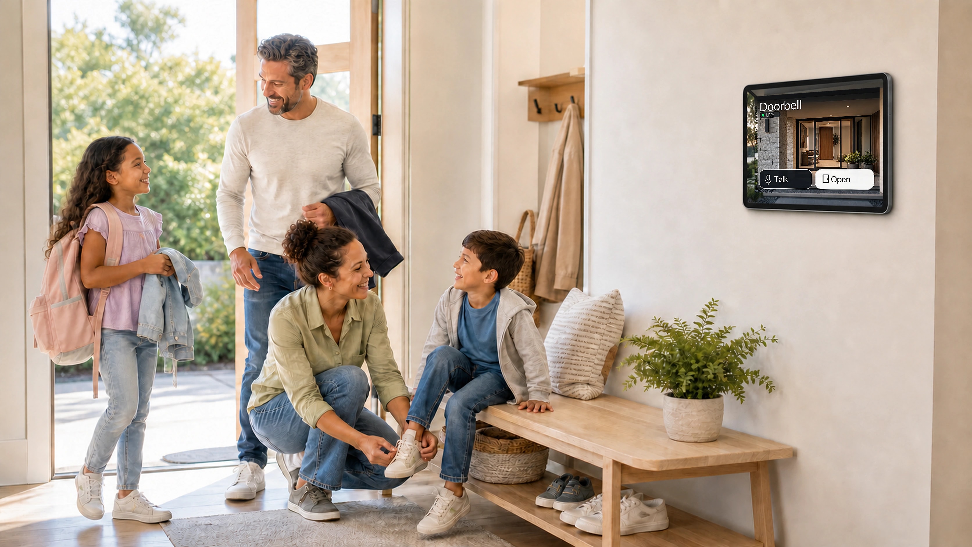 A family getting ready to leave beside a wall-mounted iPad showing the HomeDeck dashboard