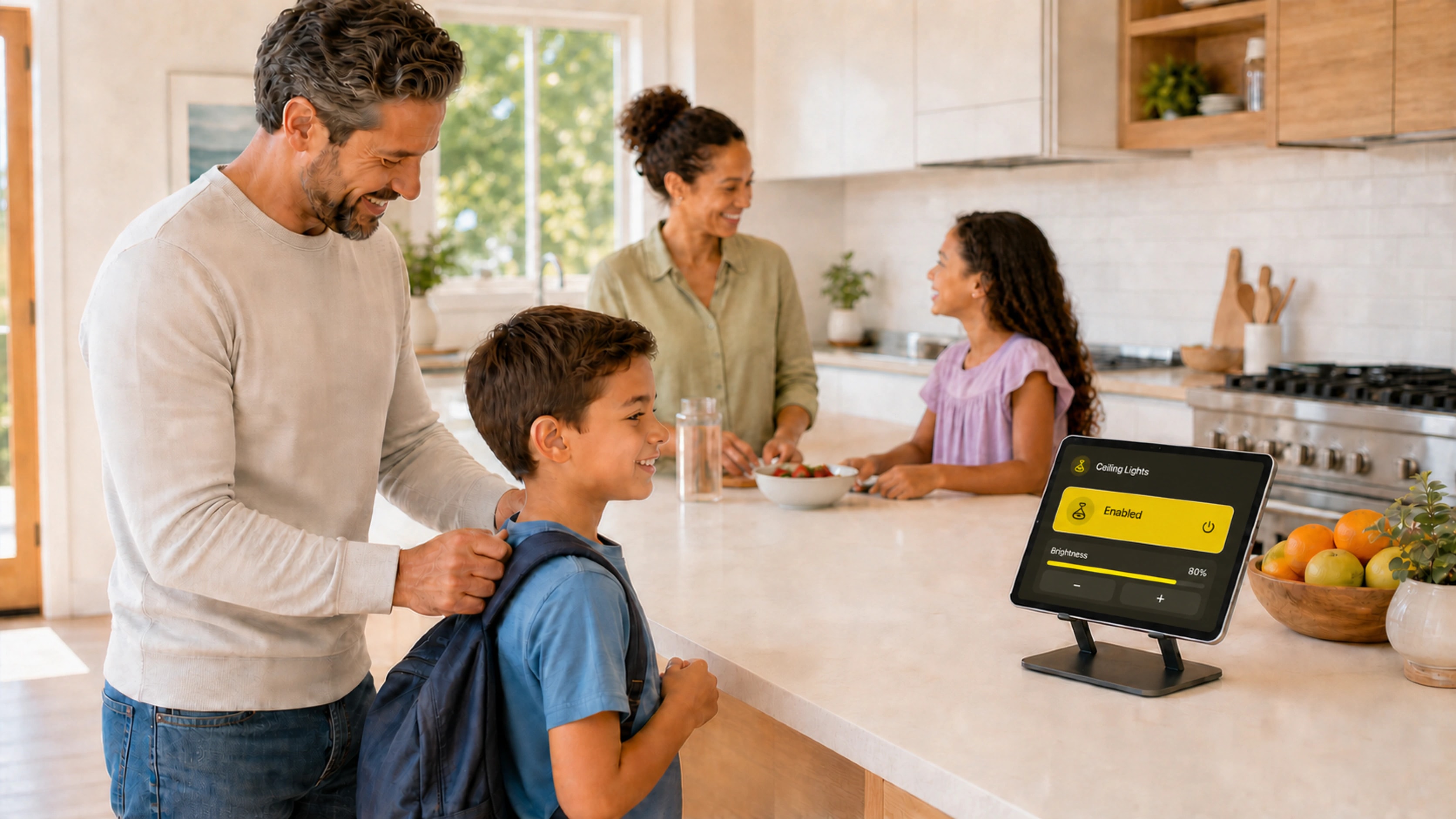 A family in a bright kitchen beside an iPad showing HomeDeck cameras and the front door