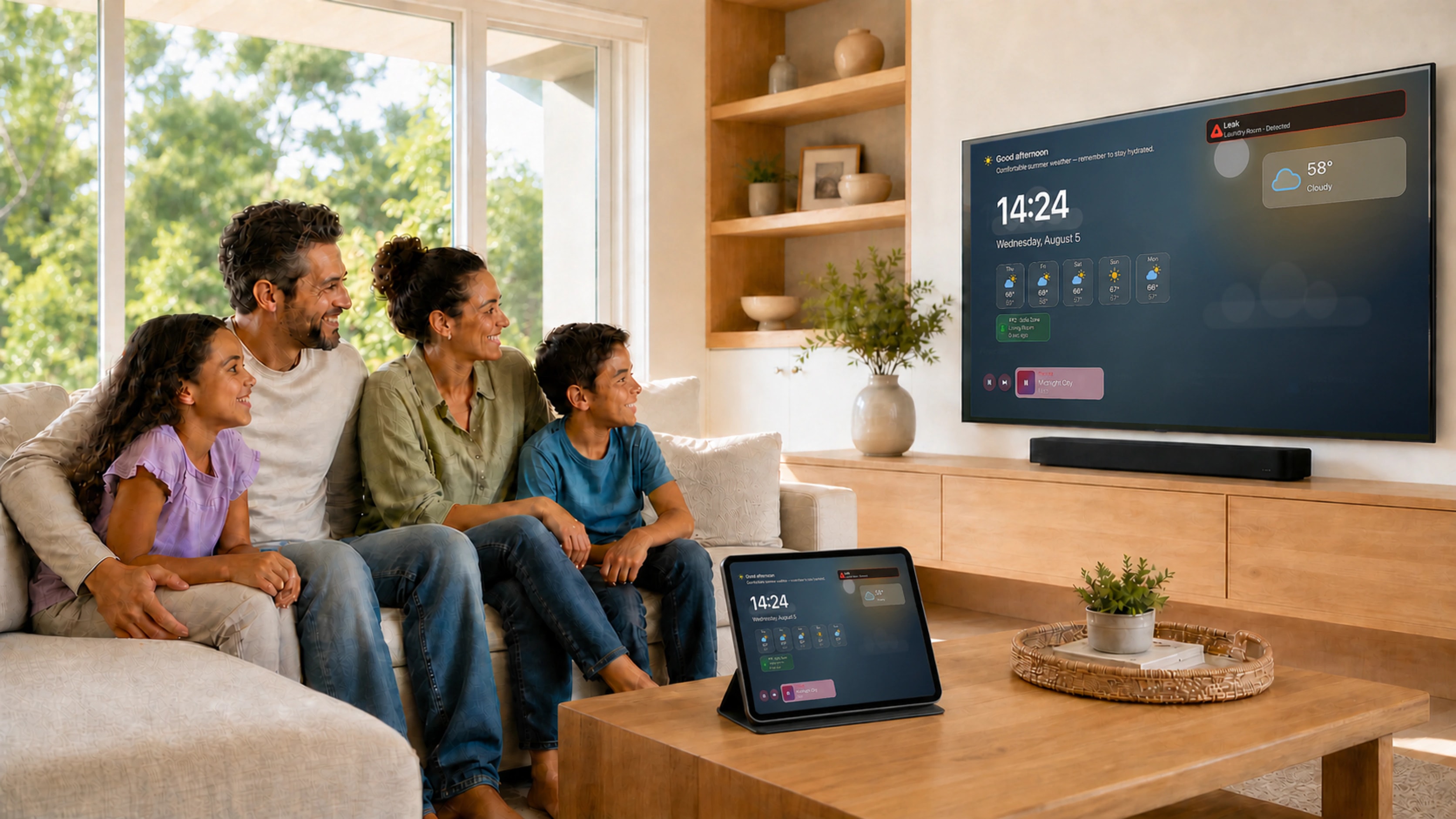 A family in a sunny living room with HomeDeck Ambient on Apple TV and the main dashboard on an iPad