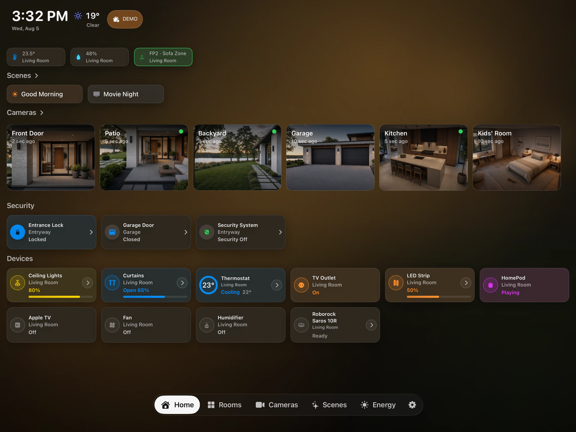 HomeDeck dashboard with cameras, scenes, security, and smart home controls on iPad