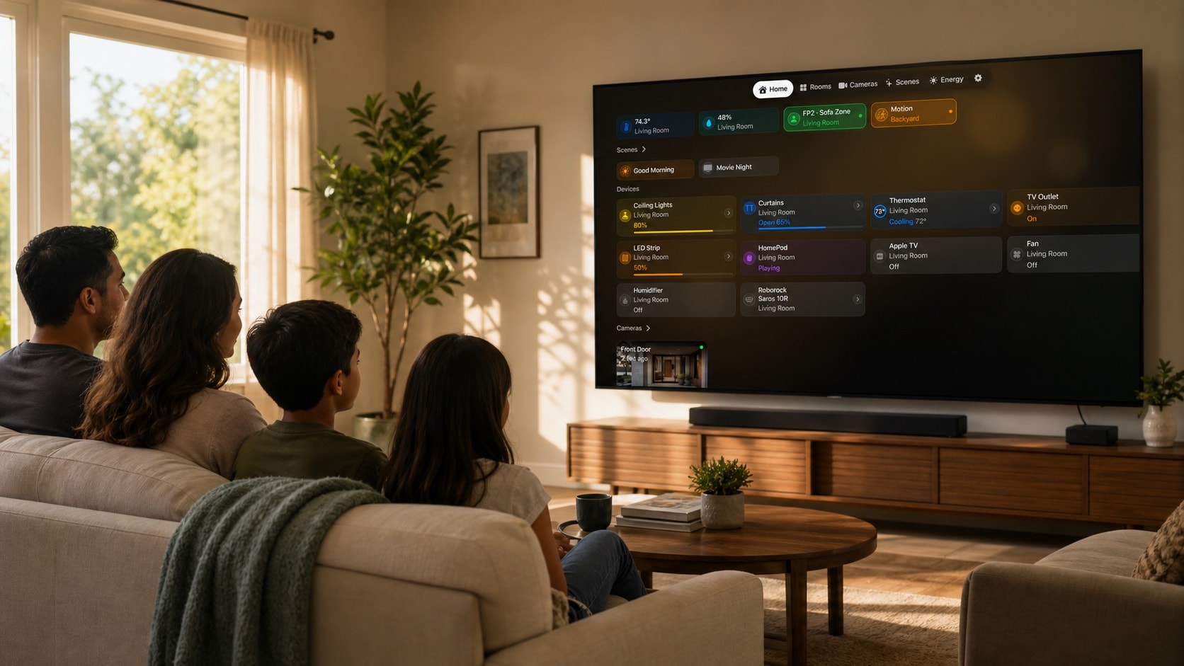 A Latino family viewing a concise HomeDeck overview on Apple TV in daylight