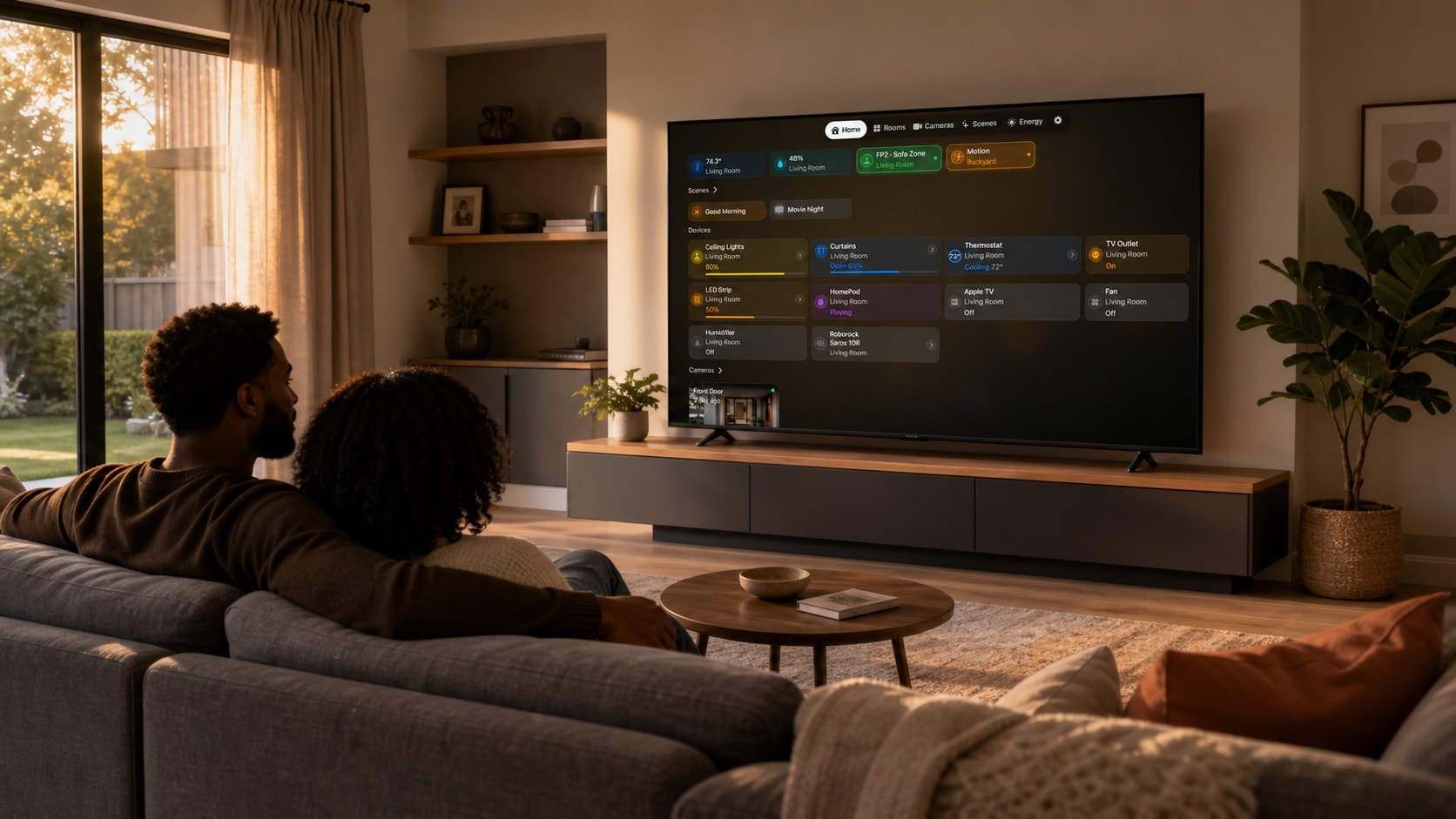 A Black couple checking HomeDeck readability from their usual seats on the sofa