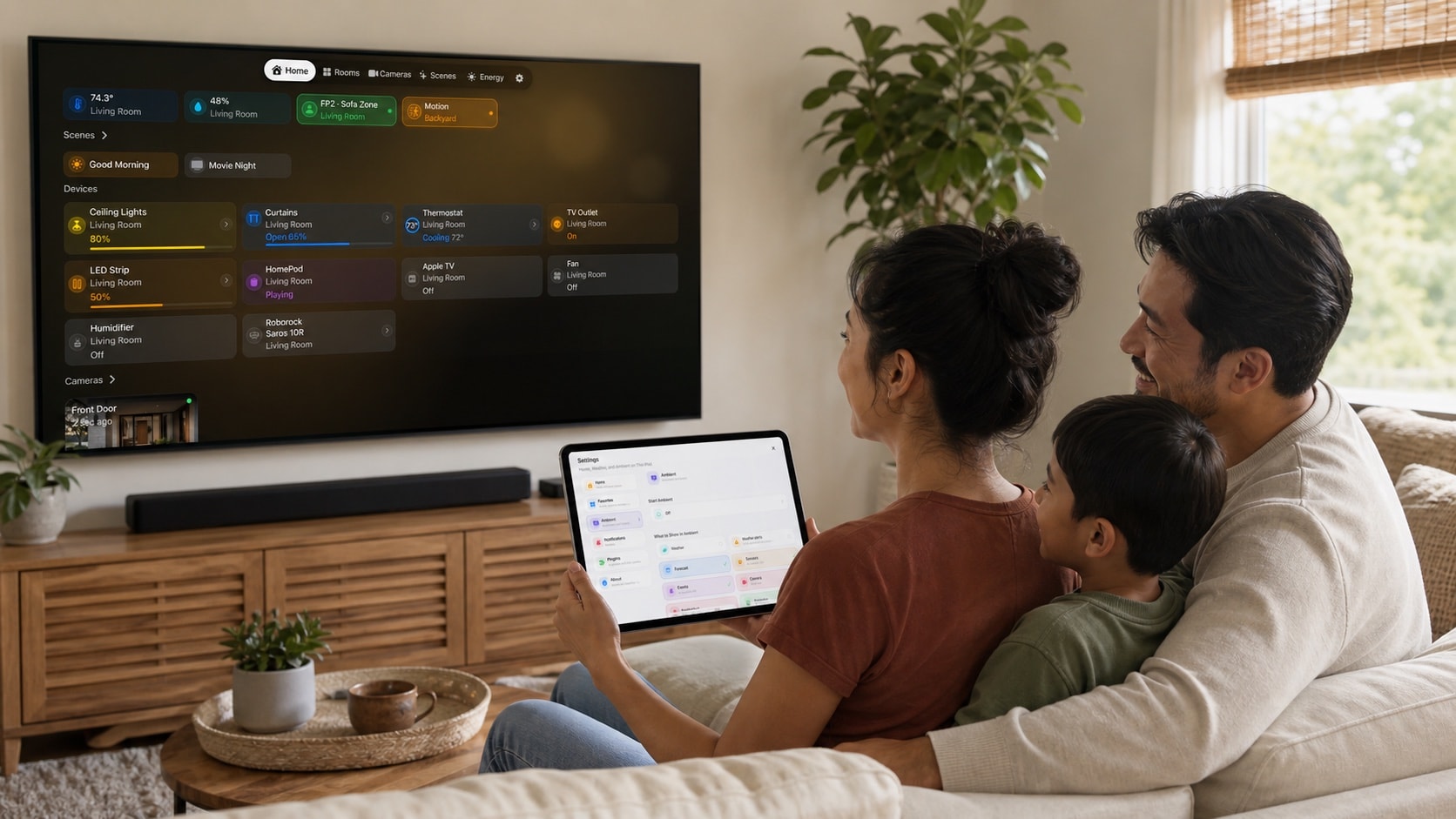 A mixed-heritage family using HomeDeck Ambient on Apple TV and its settings on iPad