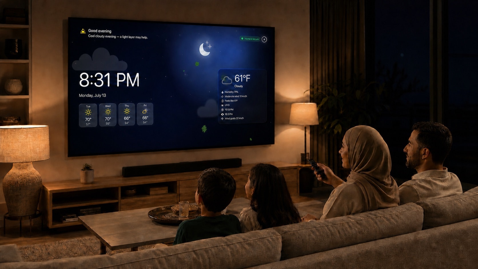 A Middle Eastern family viewing HomeDeck Ambient mode together on Apple TV at night