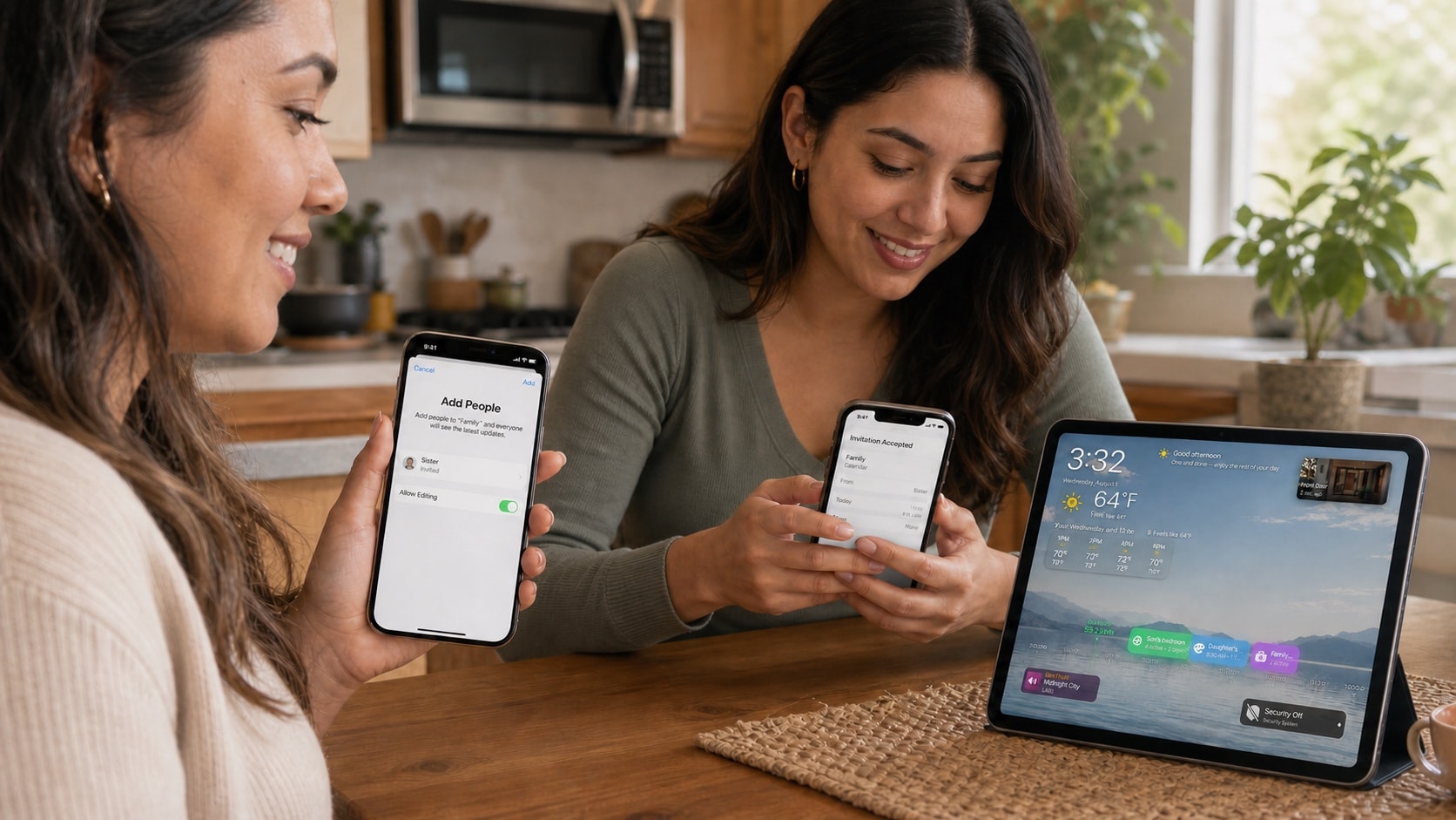 Two Latina sisters sending and accepting a private Apple Calendar invitation while HomeDeck shows the shared schedule