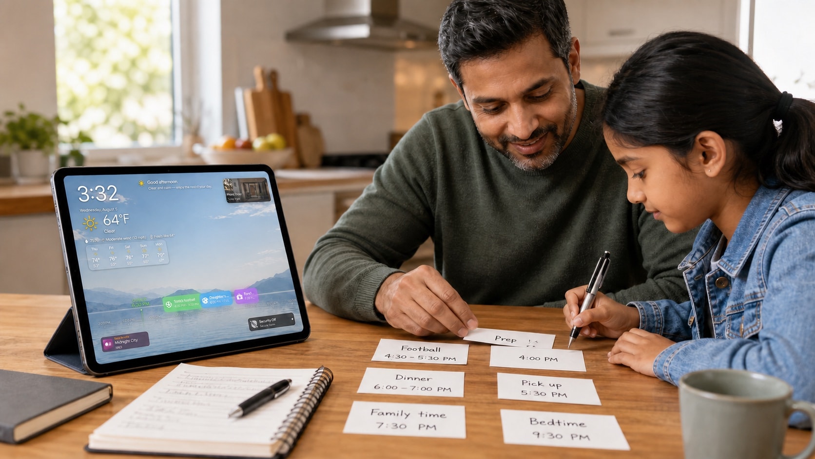 A South Asian father and daughter writing short event titles beside HomeDeck