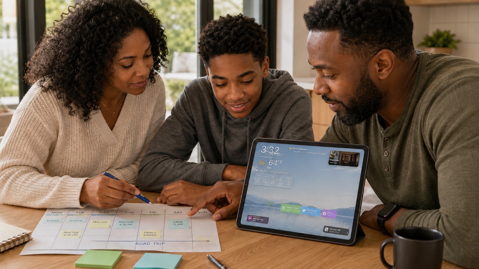 A Black family choosing which household commitments belong in the shared calendar