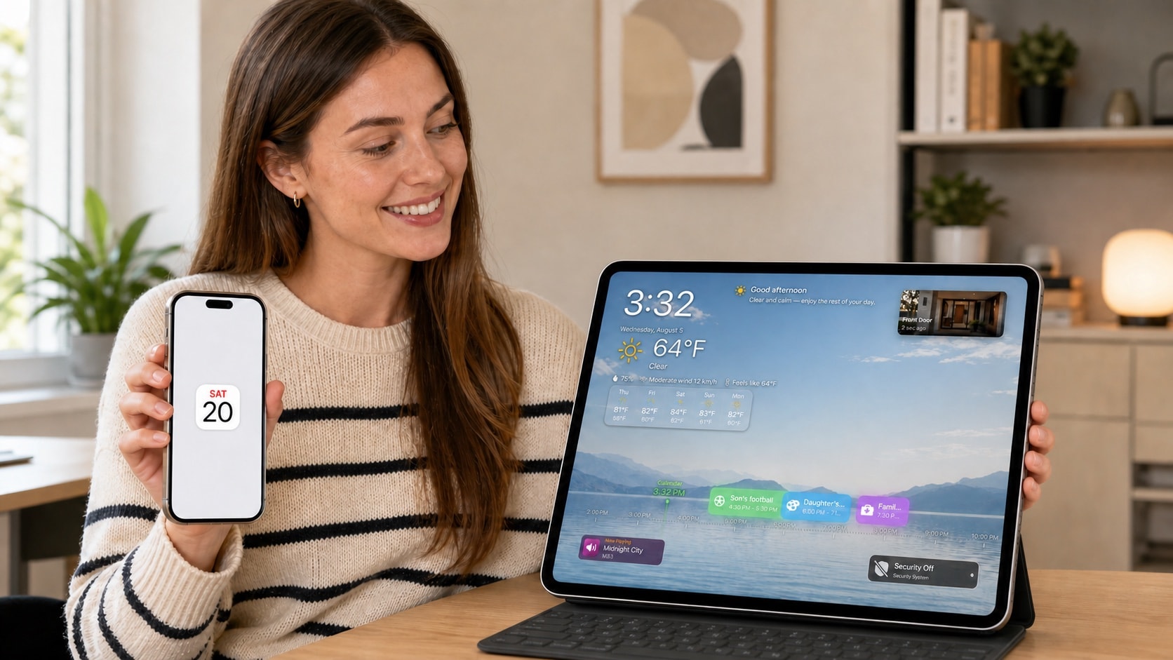 A woman comparing Apple Calendar on iPhone with the selected family calendar in HomeDeck
