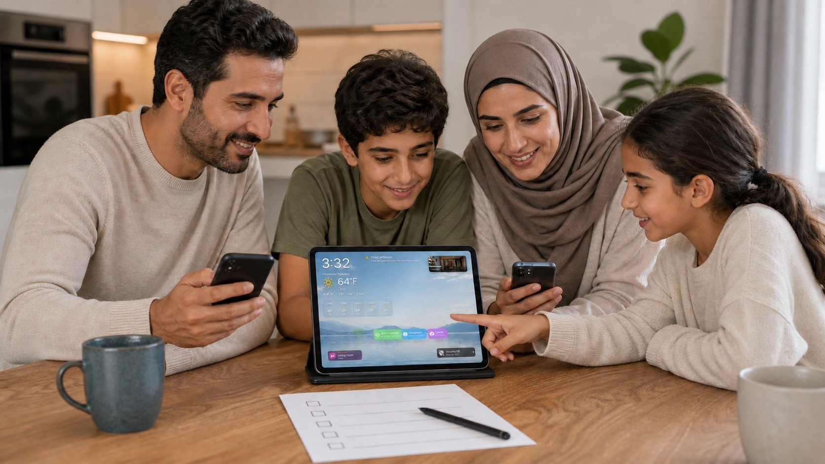 A Middle Eastern family testing the shared HomeDeck calendar together for a full week