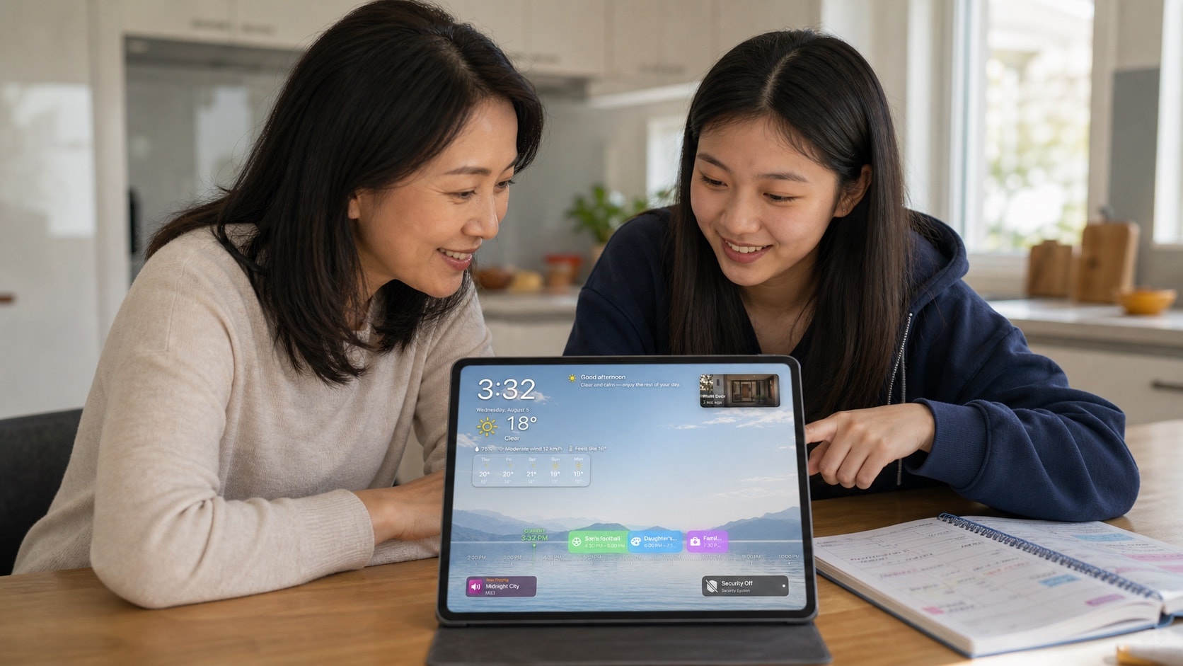 An East Asian mother and daughter planning their week with the HomeDeck calendar on an iPad