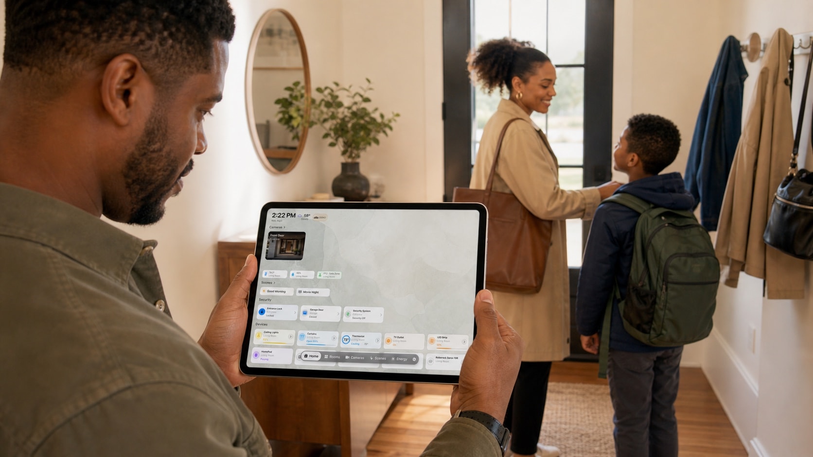 A Black family preparing to leave home while HomeDeck is open on their shared iPad